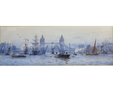 •ROWLAND LANGMAID (1897-1956) TOWER BRIDGE Signed and inscribed with title, watercolour and pencil 10 x 29.5cm. ++ Needs a li