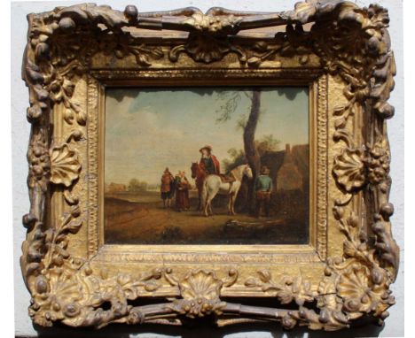 DUTCH SCHOOL, 18th CENTURY TRAVELLERS AND HORSES BY A TREE Oil on panel 16.5 x 21cm. ++ Some craquelure; needs a clean