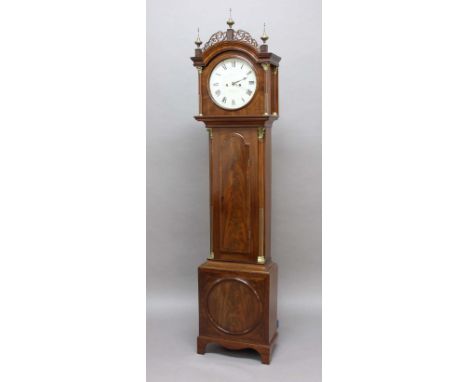 MAHOGANY LONGCASE CLOCK, the 12" enamelled dial inscribed Pitt, Tetbury, on a brass, eight day, four pillar movement striking