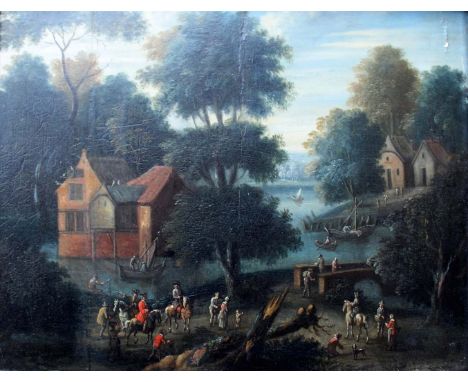 CIRCLE OF MARC BAETS (Fl.c.1720-1750) VILLAGERS AND RIDERS IN A LAKESIDE HAMLET Oil on panel 25.5 x 33cm. ++ Two old splits (