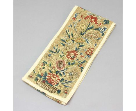 FLORAL EMBROIDERED PANEL OR TABLE RUNNER, probably 19th century, worked with meandering flowers issuing from a vase, professi