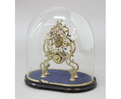 BRASS SKELETON CLOCK, the 4 1/2" silvered chapter rim with gothic piercing on an eight day, single fusee, chain driven moveme