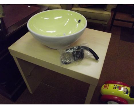 Contemporary wash basin on beech effect  stand, with fittings for installation 