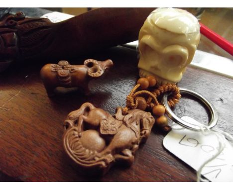 Chinese scoop togther with a netsuke, lidded pot and key ring 