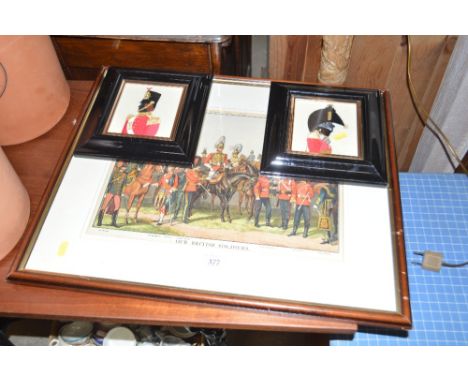 Two ebonised framed embroideries each depicting soldiers and a colour print entitled "Our British Soldiers"