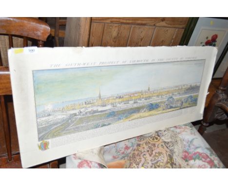 A coloured print depicting "The South West Prospect of Yarmouth" 