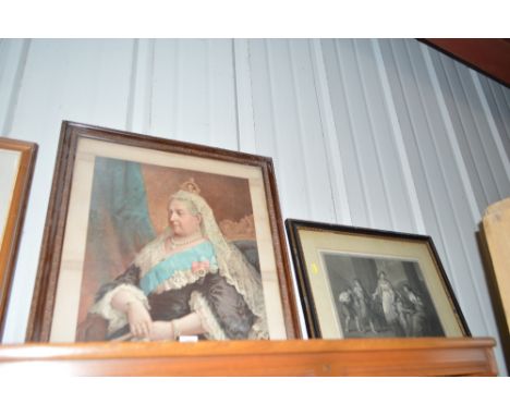 A coloured portrait print of Queen Victorian 1897; and a black and white engraving entitled "Cornelia Mother of The Gracchi"