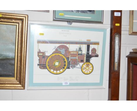 A framed and glazed coloured print depicting the Busy Bee steam engine