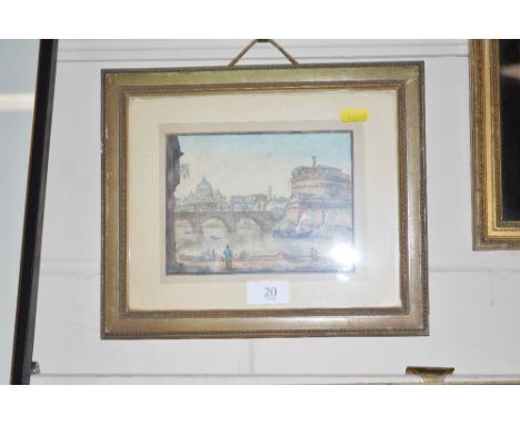 A small 19th Century hand coloured print of a river scene, and figure to the foreground