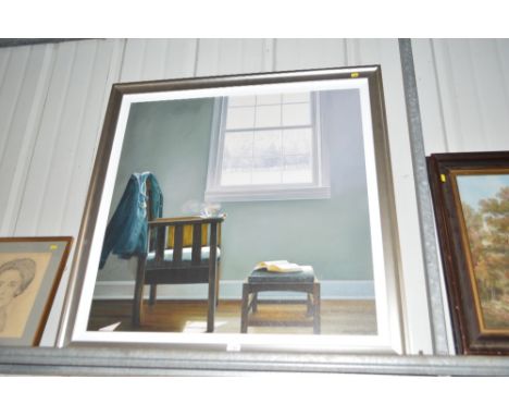 Karen Hollingsworth, a large print on board of an interior scene with snow bound landscape and birds through the window 