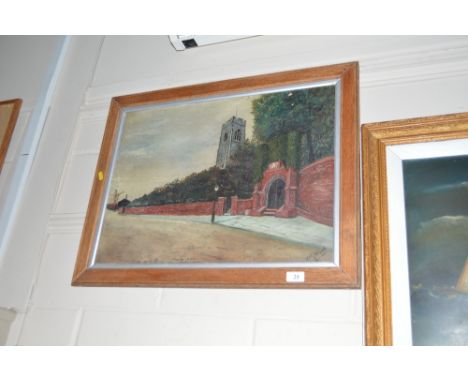 P MacNamee, English school oil on board of Wolsley Gate and St Peters, Ipswich dated 1912