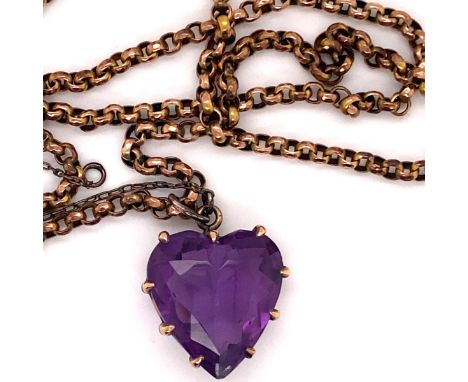 AN ANTIQUE HEART SHAPE AMETHYST PENDANT SET IN 9ct ROSE GOLD SUSPENDED FROM AN ANTIQUE 9ct ROSE BELCHER CHAIN WITH A 9ct STAM