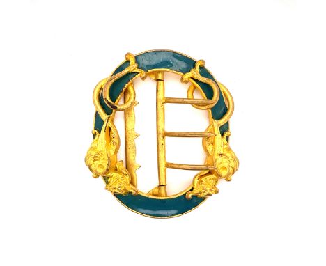 AN ART NOUVEAU GILT METAL AND ENAMEL LADIES BELT BUCKLE. 6cms x 5.7cms. 
