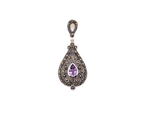 AN AMETHYST, MARCASITE AND SILVER ARTICULATING PENDANT. DROP 4.5cms. WEIGHT 5.3grms. 