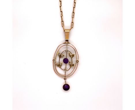 A VINTAGE PRECIOUS YELLOW METAL ASSESSED AS 375 FINENESS AMETHYST AND PEARL OPEN WORK PENDANT SUSPENDED ON A LATER 9ct GOLD H