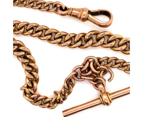AN ANTIQUE OLD GOLD GRADUATED DOUBLE ALBERT WATCH CHAIN WITH ATTACHED T-BAR. STAMPED 9 375 TO EACH CURB LINK, THE T-BAR HALLM