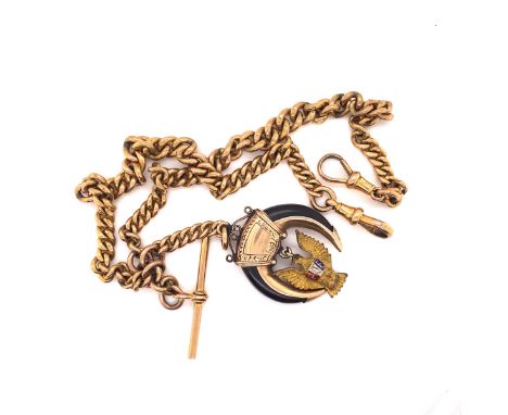 AN ANTIQUE 9ct YELLOW GOLD GRADUATED DOUBLE WATCH ALBERT WITH ATTACHED T-BAR, AND SUSPENDED GOLD MOUNTED HORN AND ENAMEL FOB.
