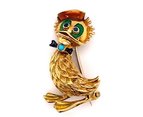 A BEN ROSENFELD 18ct YELLOW GOLD 1960'S BROOCH IN THE FORM OF A WHIMSICAL ARTICULATED DUCK SET WITH SAPPHIRE AND GREEN ENAMEL