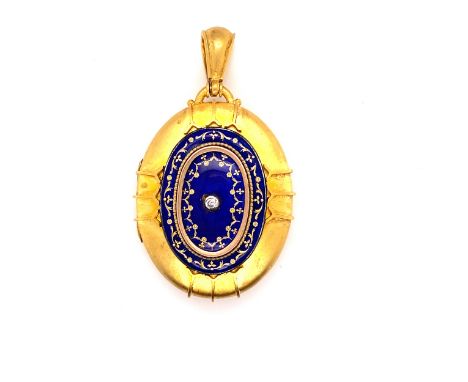 AN ANTIQUE 18ct YELLOW GOLD AND BLUE ENAMEL DIAMOND SET LOCKET WITH ARTICULATED BALE. MEASUREMENTS INC BALE 6cms X 4.4cms. WE