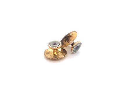 A PAIR OF ANTIQUE 9ct GOLD, RUBY, MOTHER OF PEARL AND WHITE ENAMEL SCREW DOWN DRESS STUDS. DIAMETER OF DECORATIVE HEAD 7mm, G