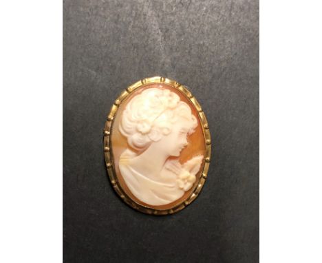 A VINTAGE HALLMARKED 9ct GOLD CARVED SHELL PORTRAIT CAMEO OF A YOUNG MAIDEN FACING ADROIT. MEASUREMENTS 3.3cms X 2.5cms. WEIG