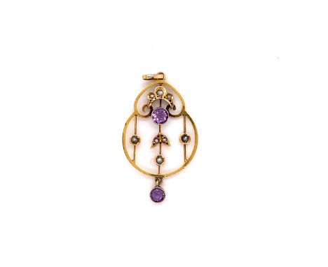 A 9ct GOLD STAMPED ANTIQUE AMETHYST AND SEED PEARL PENDANT WITH ARTICULATED AMETHYST DROPPER. PENDANT MEASUREMENTS 3.7cms x 2