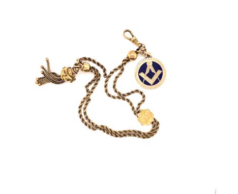 AN ANTIQUE 9ct GOLD ALBERTINA ROPE BRACELET WITH ENGRAVED SLIDER, TASSEL CHARM AND 9ct HALLMARKED GOLD ENAMEL MASONIC PENDANT