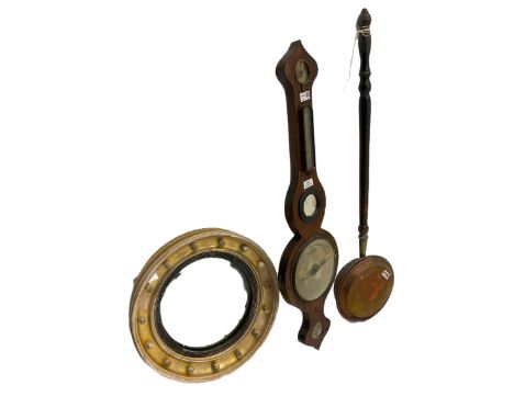 19th century barometer, circular convex wall mirror, brass warming pan