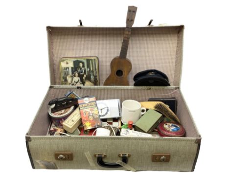 Ukelele, Westclox electric alarm  clock, vintage tins, National Rail hat, ceramics, boxed games, carved wood figures etc all 