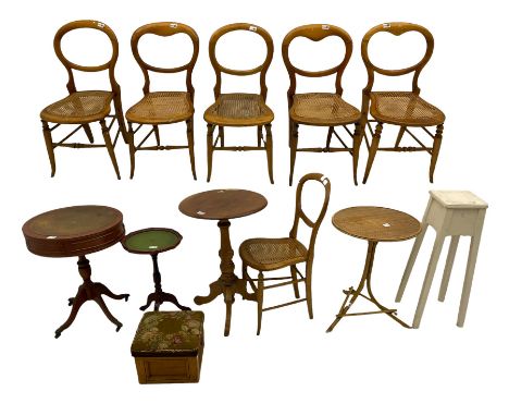 Inlaid shell back chair, pedestal table, six occasional chairs, bamboo table, three pedestal tables, tapestry stool and a pai