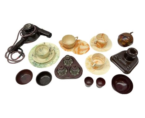 Collection of Bakelite to include Ormond hair dryer, 1930a Prettywell inkstand, Bandalasta marbled green teacup trio, two Sir