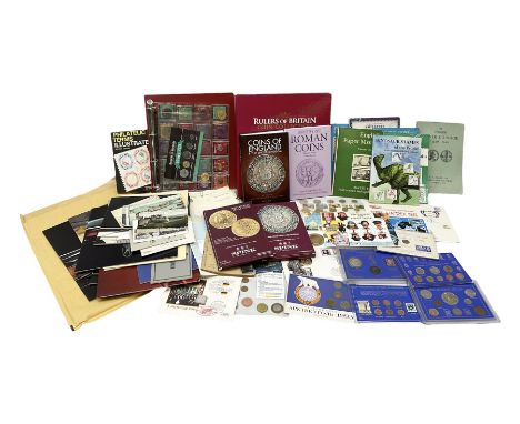 Quantity of coins and coin collecting related books and ephemera, first day covers and other stamps, motoring ephemera etc