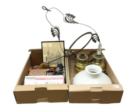 Cased gentlemen's travelling grooming set, Chinese abacus in box, die-cast model cars to include Corgi, wrought iron hanging 