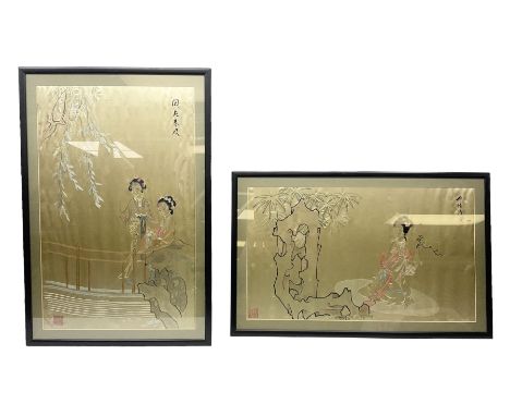 Two 20th century Chinese silk embroidered panels, both depicting figures in a garden scenes, portrait example H88cm