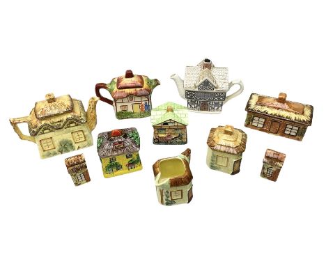 Collection of Cottage ware, to include Keele St. Pottery Co teapot, jug and lidded sucrier, Japanese Marutomoware lidded sucr