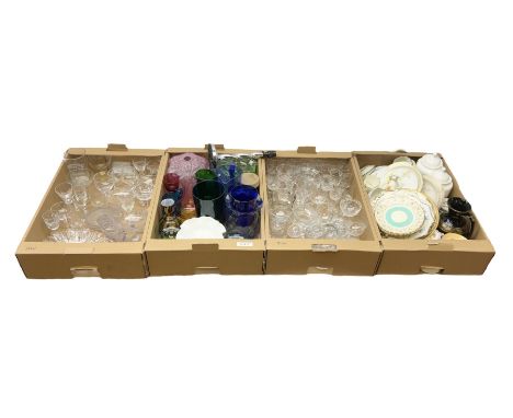 Collection of assorted coloured glassware and ceramics, including chrome barley-twist table lamp with mottled pink shade, Cre