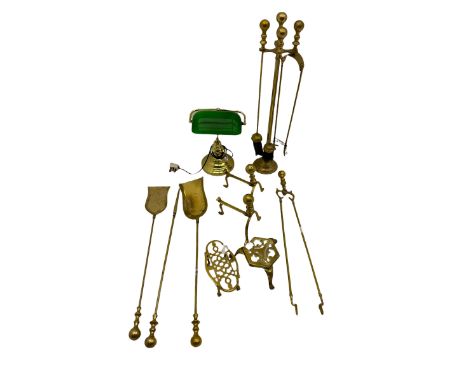 Brass bankers lamp, brass fire irons etc