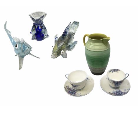 Pair of Shelley blue spray pattern teacups and saucers, together with a  blue ribbed Shelley water jug, jug H20.5cm, together