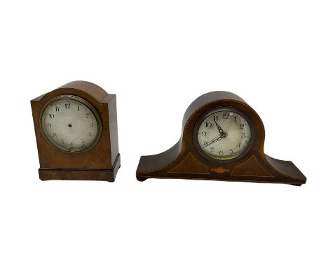 An Edwardian mantle clock in mahogany with stringing and inlay, with silvered dial and quartz movement.Together with another 