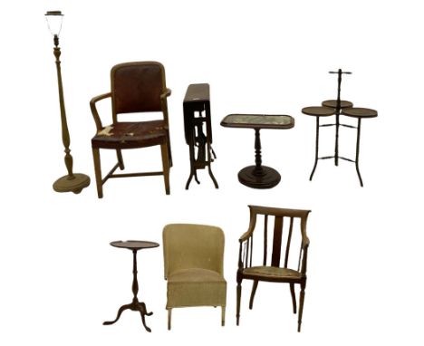 Two desk chairs, wicker chair, drop leaf table, standard lamp, wine table, cake stand, needlework table (8)