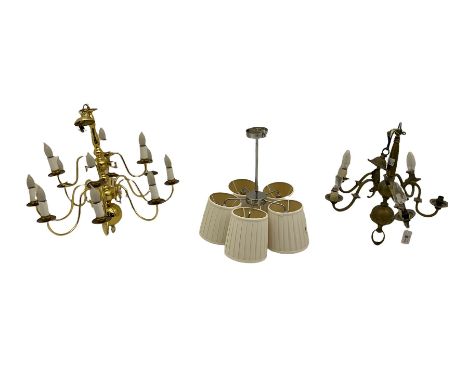 Brass twelve branch chandelier, heavy brass five branch chandelier and a modern light fitting (3)