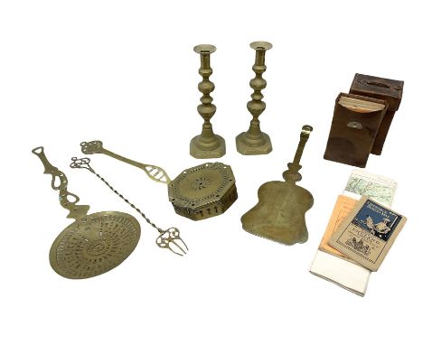 Collection of early 20th century and later Ordnance Survey Maps in two cases, together with pair of brass candlesticks, brass