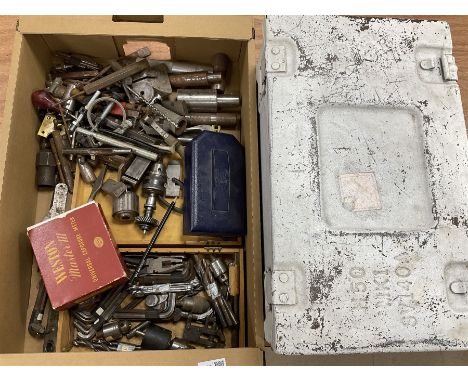 Boxed Smiths tachometer, boxed Weston Master III Universal exposure meter, drill chucks and other vintage tools and white too