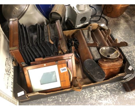 A PLATE CAMERA, WOOD PLANES, BINOCULARS, ETC.
