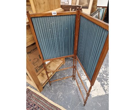 A MAHOGANY AND PLEATED DARK GREEN SILK TWO FOLD FIRE SCREEN