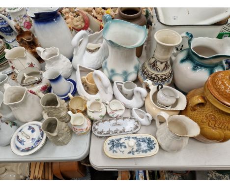 A COLLECTION OF CERAMIC JUGS, A RUMTOPF JAR, ENAMEL BREAD BIN, ETC.