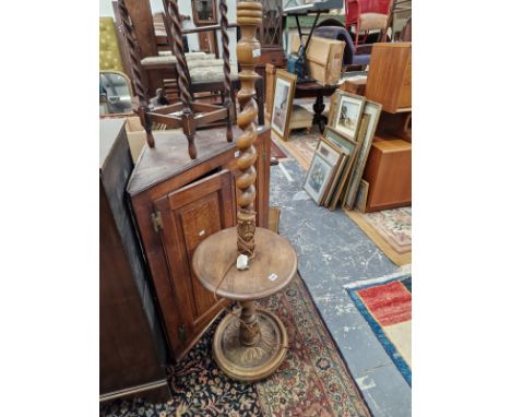 A VINTAGE BARLEY TWIST STANDARD LAMP AND AN OCCASIONAL TABLE. 