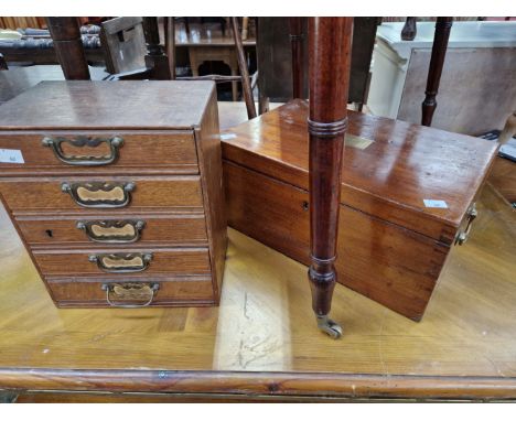 A BRAS HANDLED MAHOGANY BOX TOGETHER WITH A FIVE DRAWER CABINET OF CLOCK MAKERS TOOLS AND PARTS