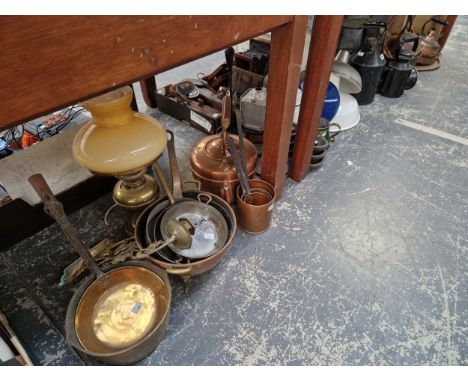 COPPER AND BRASS, TOGETHER WITH LIGHT SHADES, OIL LANTERNS AND LAMPS