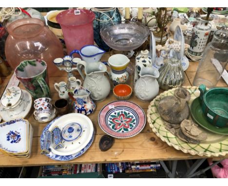 QUIMPER AND OTHER JUGS, DECORATIVE GLASS VASES, PLATES AND A GUSTAVSBERG TWO HANDLED BOWL